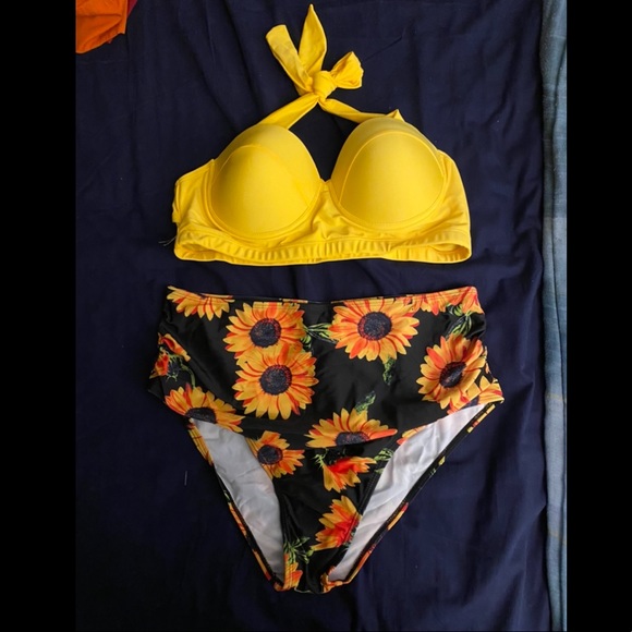 High waisted 2 piece swim suit. Yellow Sunflower - Picture 1 of 4